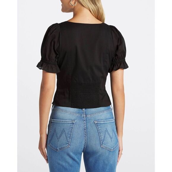 1.STATE Women's Puff Sleeve Cinched Front Sweetheart Top In Black - Picture 4 of 13